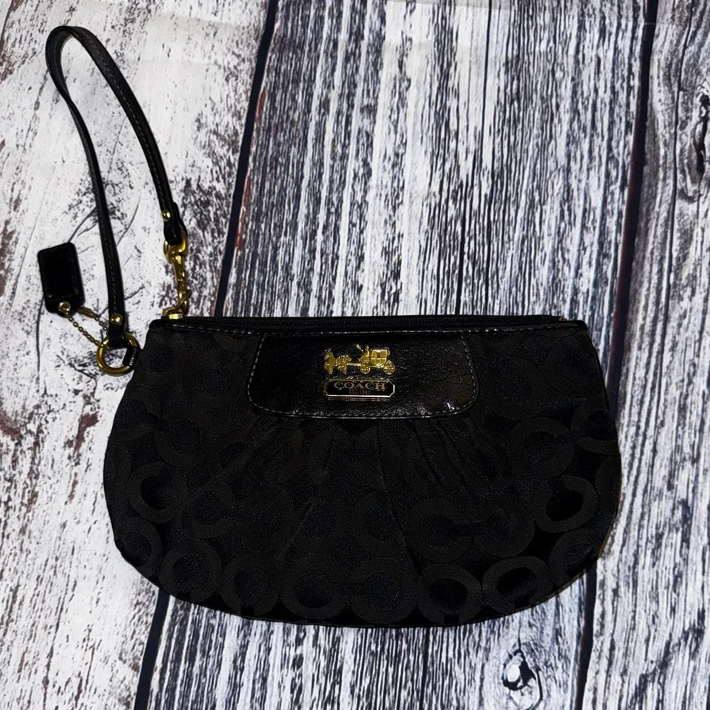 Coach Madison Black Logo Jacquard & Leather Wristlet Mini Bag 41988 Zipper Top - Picture 2 of 5